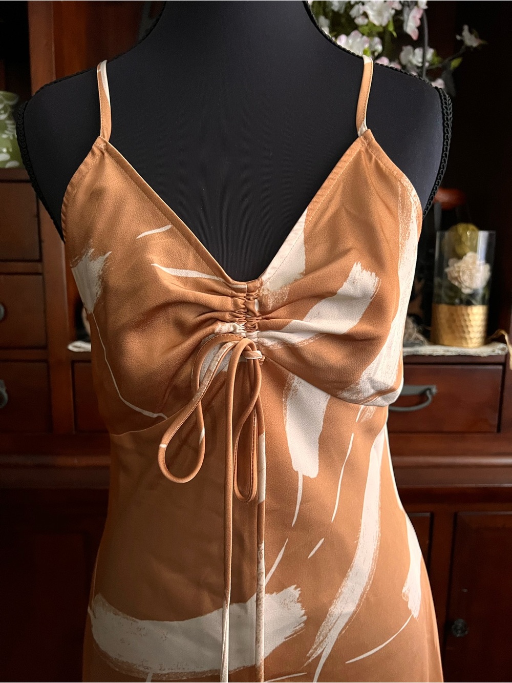 Rust colored Tie-Front Slip Dress in Rust/White - Picture 2 of 6
